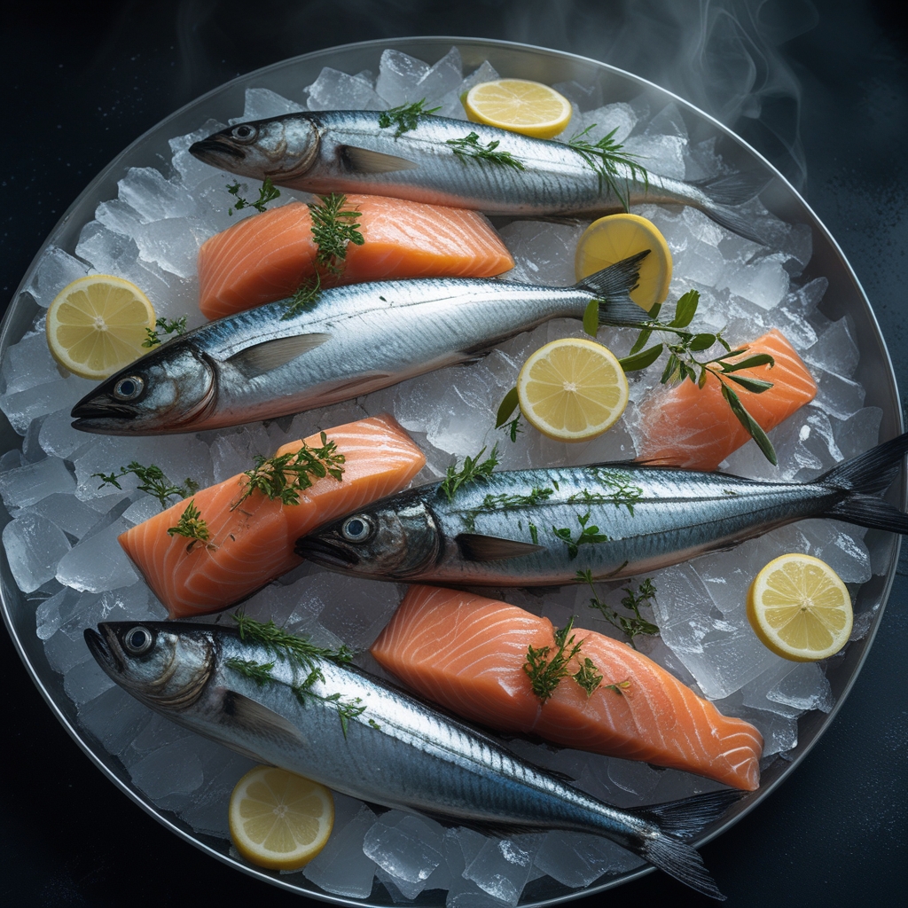 Fresh whole mackerel and salmon fillets arranged on a bed of ice with fresh herbs and lemon slices, cold seafood market display