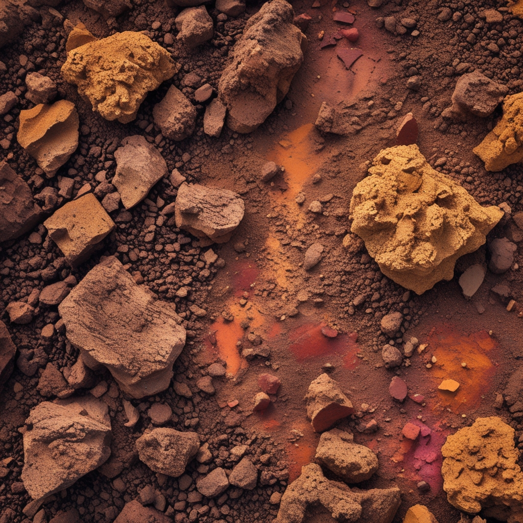 Aerial view of richly textured soil and mineral-rich earth with varied brown, ochre, and deep red tones showing natural geological patterns