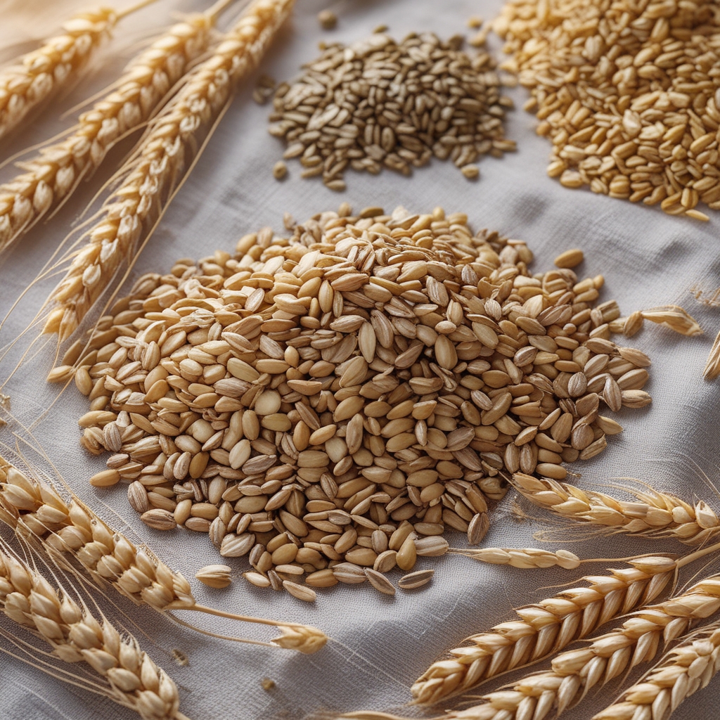 Close-up macro photograph of various whole grains and legumes including wheat berries, lentils, and sunflower seeds arranged on a natural linen surface